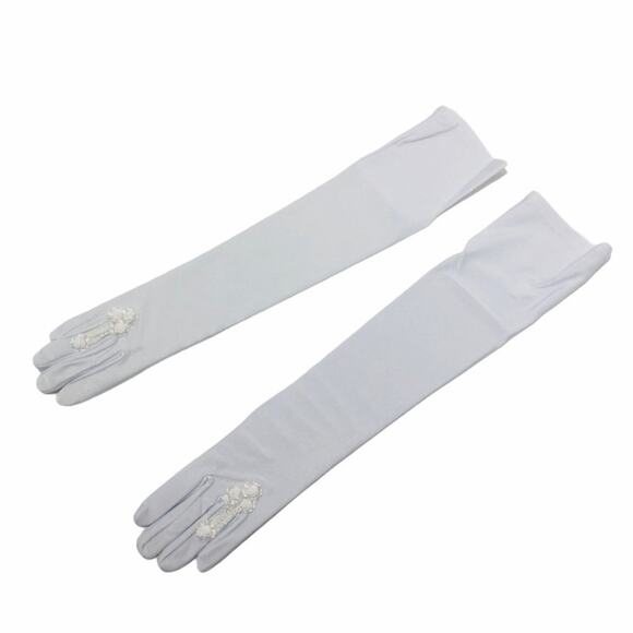 VINTAGE 18" 90s White Embroidered Floral Gloves with Open Ring Slit E13 - Picture 2 of 5